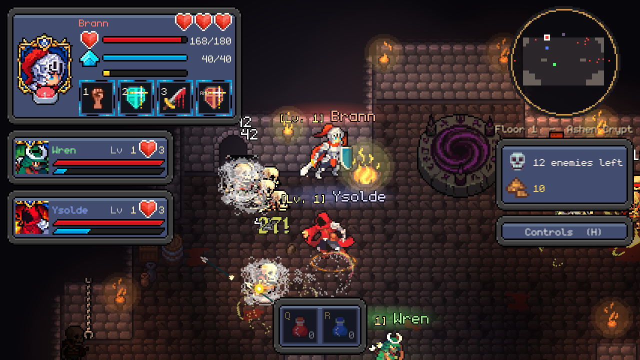 Warrior, Mage and Ranger holding off a skeleton horde beside the portal in a torch-lit crypt
